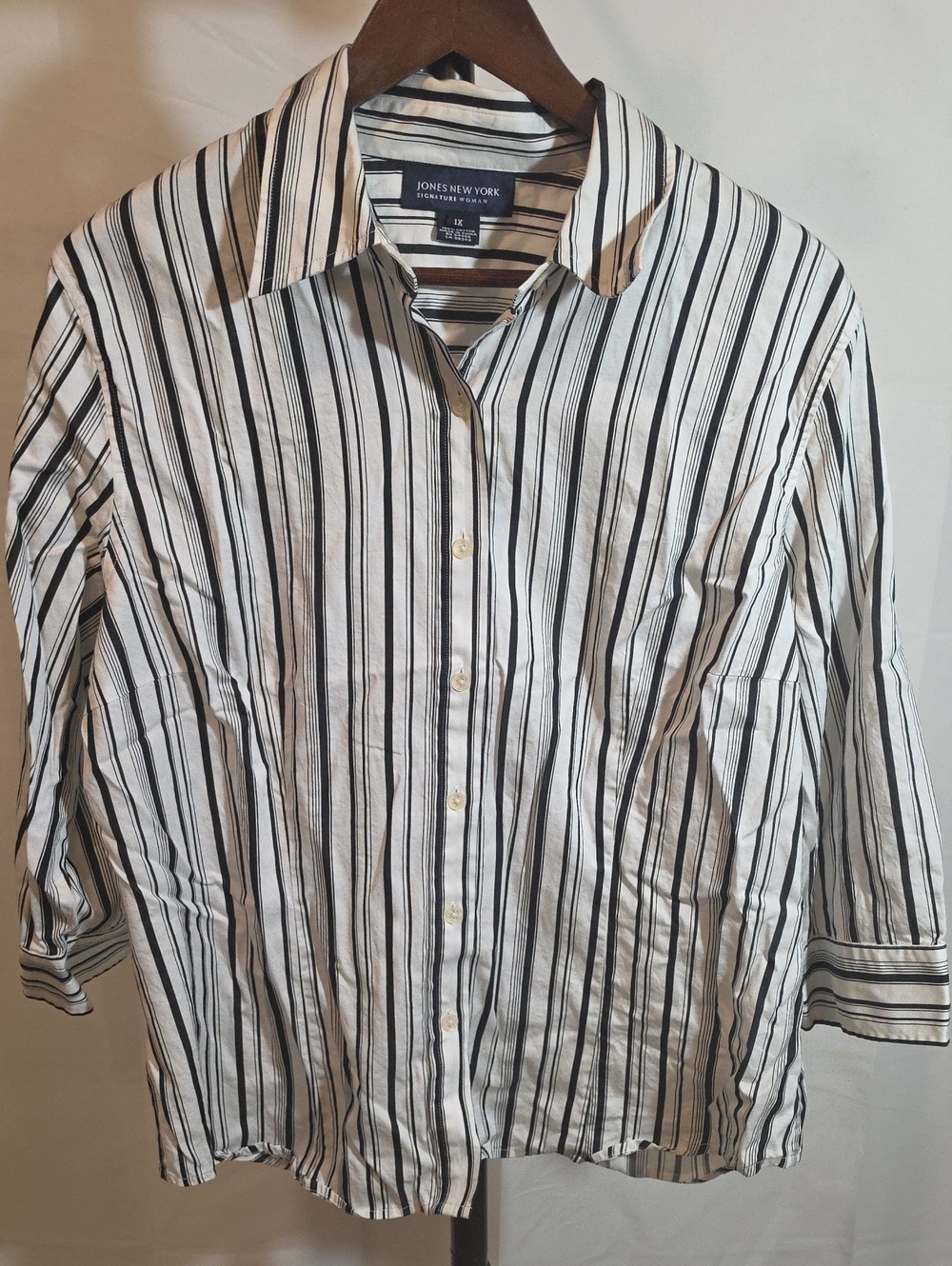 Jones New York Black and White Vertical Stripe Button-Down Shirt